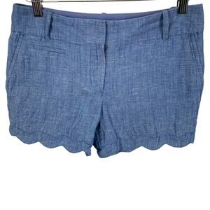 LOFT Women's Short Size 00 Riviera Linen Cotton Blue Scalloped Hem